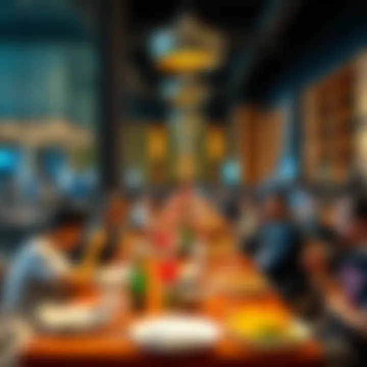 A bustling scene of patrons enjoying meals in a dynamic dining environment