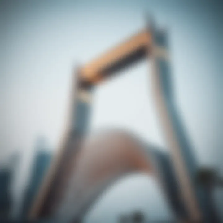 A close-up of the architectural details of the Dubai Frame illustrating its unique design.