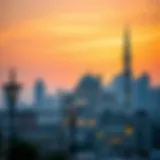 Dubai Skyline During Ramadan Stunning view of Dubai skyline at sunset with a mosque silhouette
