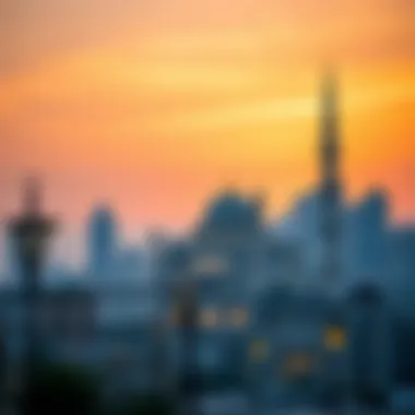 Dubai Skyline During Ramadan Stunning view of Dubai skyline at sunset with a mosque silhouette
