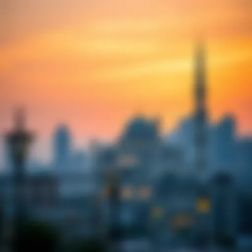 Dubai Skyline During Ramadan Stunning view of Dubai skyline at sunset with a mosque silhouette