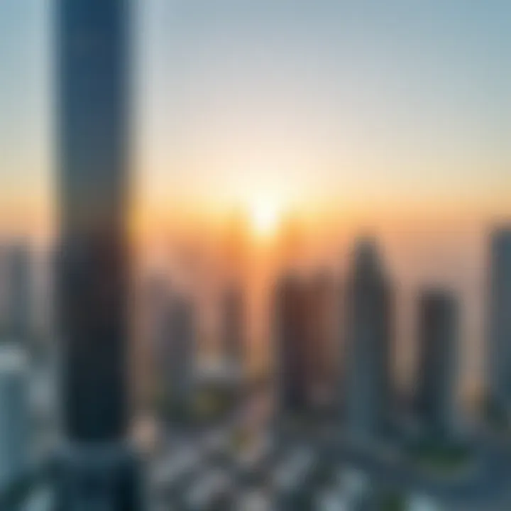 Aerial view of Al Saadah Tower showcasing its modern architectural design against the Dubai skyline.