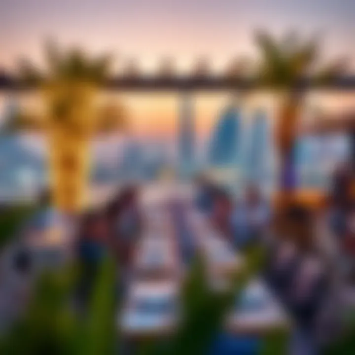 An outdoor dining experience with a view of the Dubai skyline during the evening
