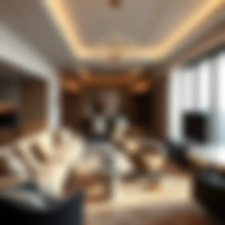 Luxurious interior design of a living room in an Icon Apartment featuring elegant furnishings