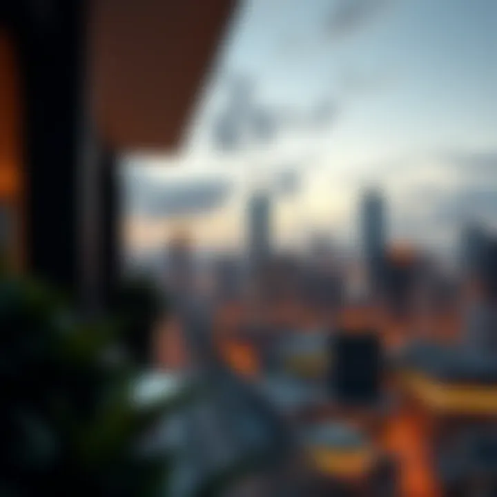 Panoramic skyline view from a balcony of an Icon Apartment, illustrating urban living