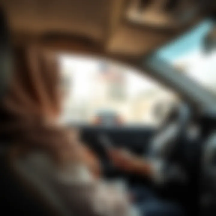 A female taxi driver engaged in a conversation with a passenger.