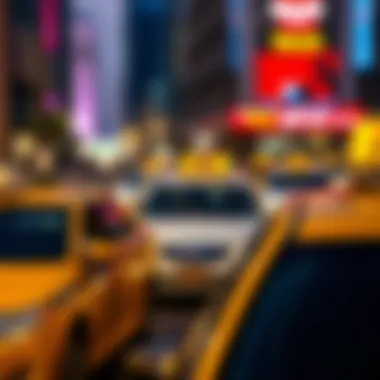 A vibrant cityscape of Dubai with taxis on the move.