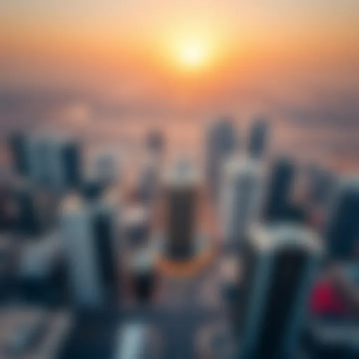 Dubai's Urban Integration with Sunrise Building Aerial view of Dubai's urban landscape, focusing on the integration of Sunrise Building