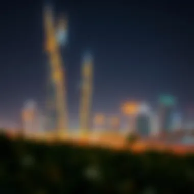 Liwa Tower at night illuminated against the Dubai skyline