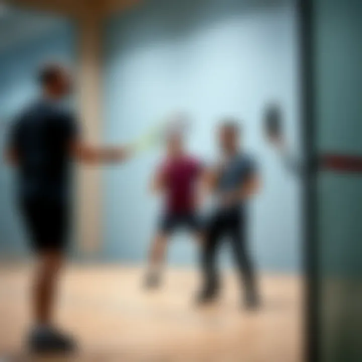 Squash Coaching in Action Coaching session taking place in a squash court, emphasizing skill development