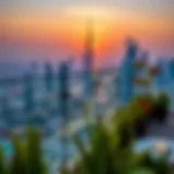 Stunning terrace view overlooking Dubai skyline at sunset