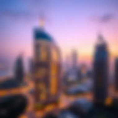 Dubai Skyline featuring Al Dalal Building Panoramic view of Dubai with Al Dalal Building in the foreground