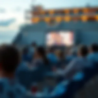 Audience Engagement at Beach Cinema Audience enjoying a film screening by the ocean, surrounded by beach amenities