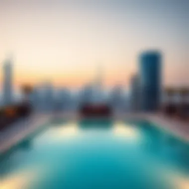 Stunning rooftop pool area with views of Dubai skyline