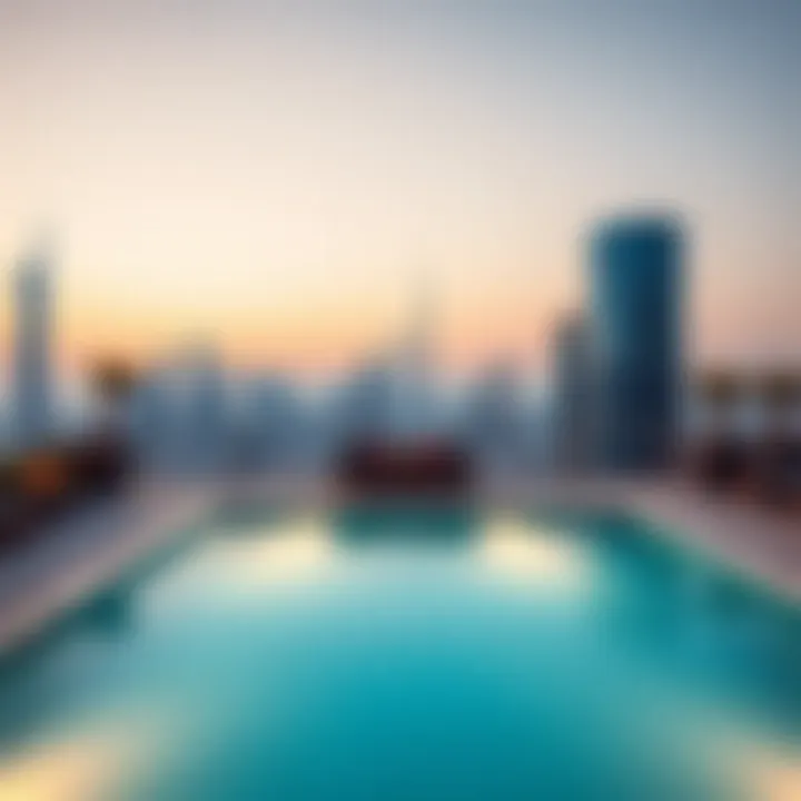 Stunning rooftop pool area with views of Dubai skyline