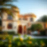 Luxurious villa exterior with lush landscaping