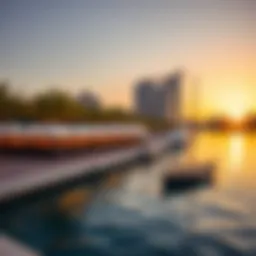 A stunning view of Yas Bay at sunset showcasing the vibrant dining options along the waterfront.