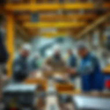 Workers engaging in collaborative tasks in an industrial setup