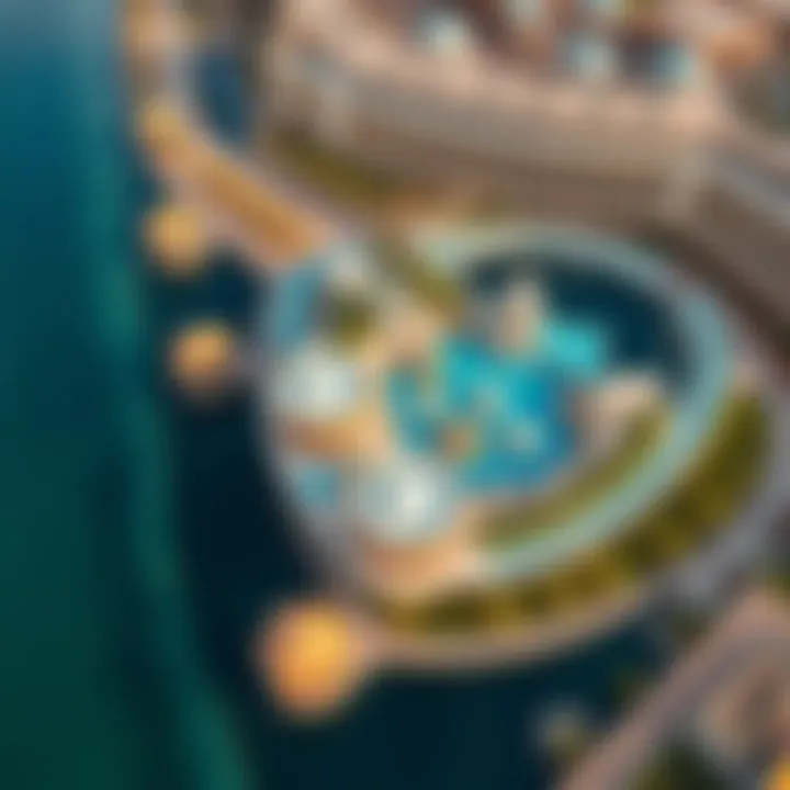 Aerial view of Nareel Island showcasing its unique architecture and water features