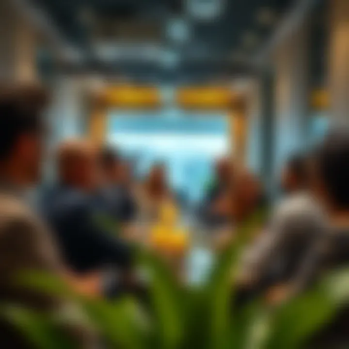Building Connections in Freelancing A group networking event with professionals exchanging ideas