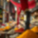 A view of the bustling spice market filled with colorful spices and herbs