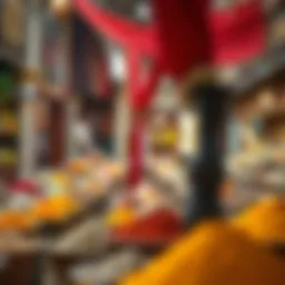 A view of the bustling spice market filled with colorful spices and herbs