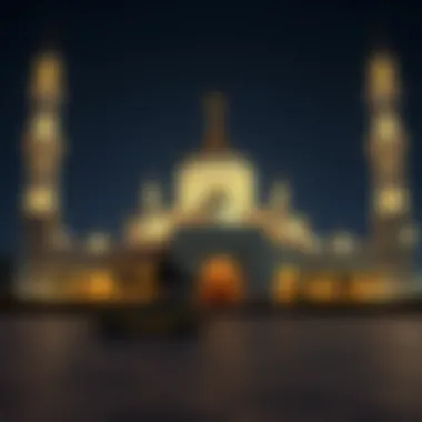 Mosque Illuminated at Night A tranquil mosque illuminated at night, symbolizing the spiritual essence and devotion during Ramadan.