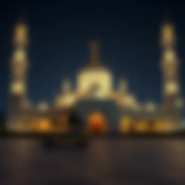 Mosque Illuminated at Night A tranquil mosque illuminated at night, symbolizing the spiritual essence and devotion during Ramadan.