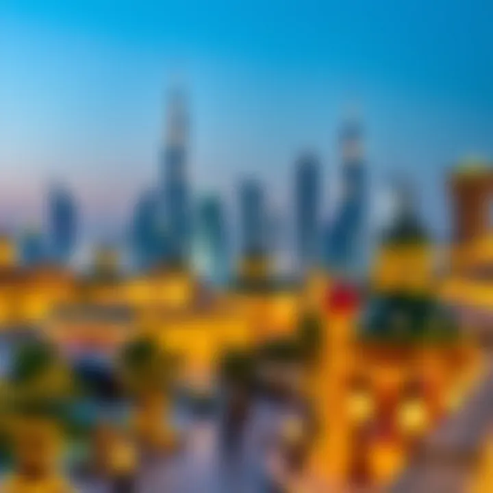 Dubai Skyline: Embracing the Spirit of Ramzan A scenic view of Dubai skyline adorned with Ramzan decorations and lights.