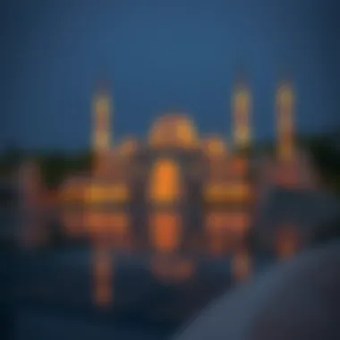 Spiritual Reflections: Mosques During Ramzan A serene mosque illuminated at night, reflecting the spiritual essence of Ramzan.
