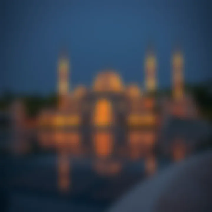 Spiritual Reflections: Mosques During Ramzan A serene mosque illuminated at night, reflecting the spiritual essence of Ramzan.