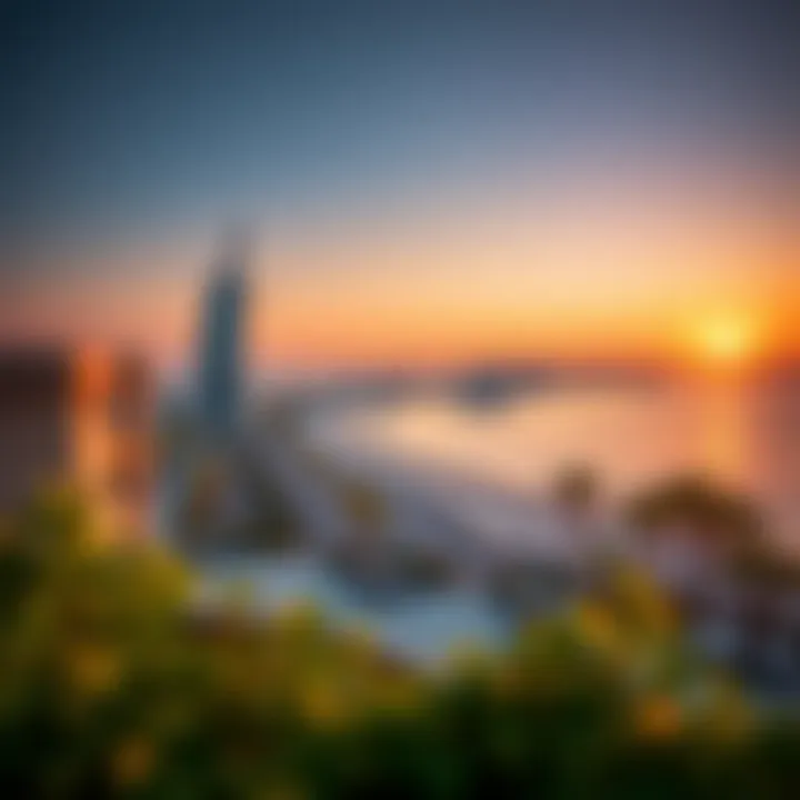 Breathtaking sunset over The 8 Palm Jumeirah beach and skyline