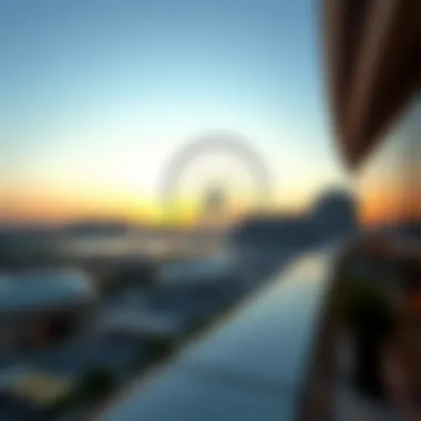 A panoramic view of the Dubai Wheel against the sunset backdrop