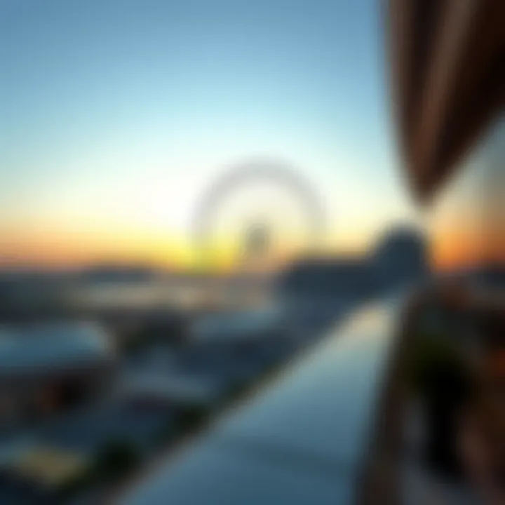 A panoramic view of the Dubai Wheel against the sunset backdrop