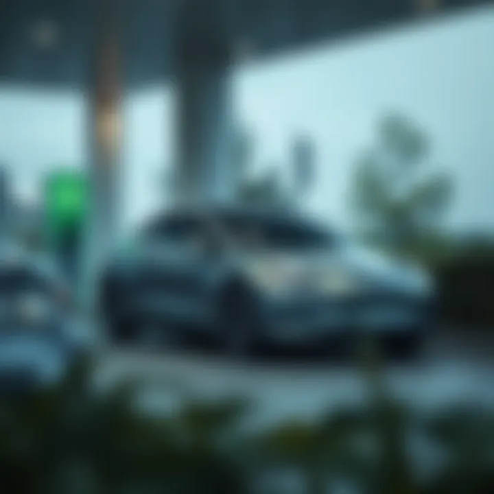 A sleek electric car charging at a modern station