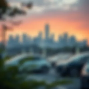 City skyline with electric cars and charging infrastructure