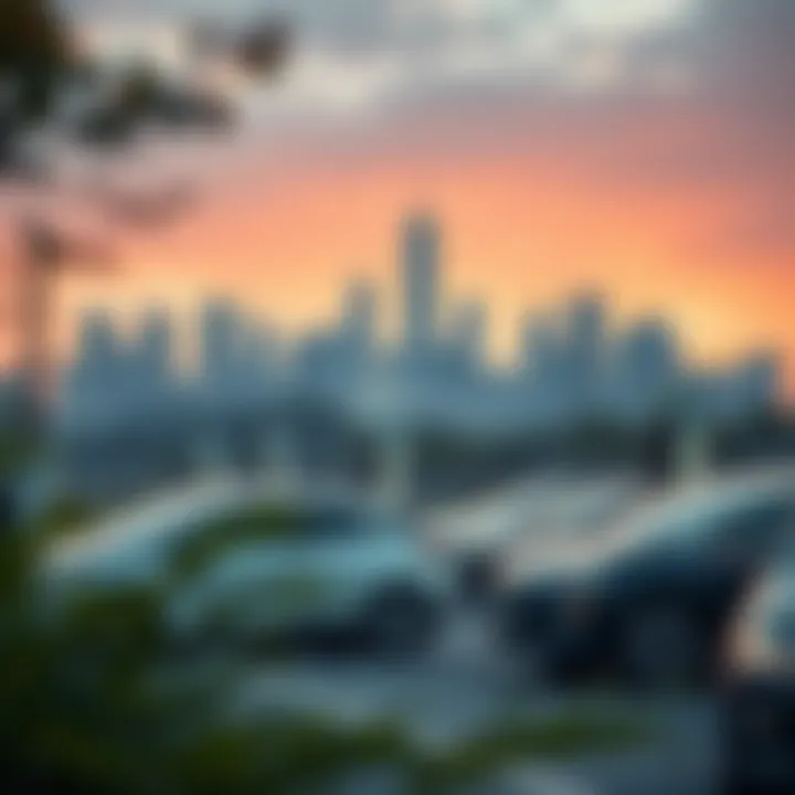 City skyline with electric cars and charging infrastructure