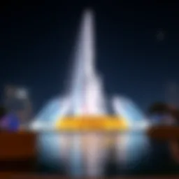 A mesmerizing view of the Dubai Fountain at night showcasing its enchanting lights and water choreography.