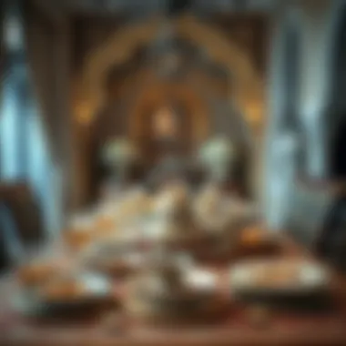 Traditional Sehri Table Setting in Dubai An ornate table set for sehri, showcasing traditional dishes and cultural decor.